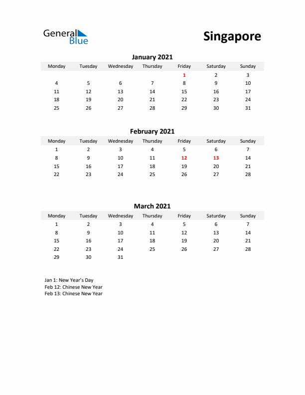 Printable Quarterly Calendar with Notes and Singapore Holidays- Q1 of 2021