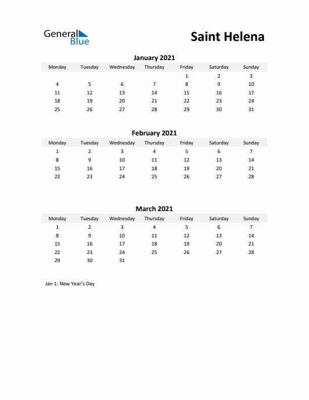 Printable Quarterly Calendar with Notes and Saint Helena Holidays- Q1 of 2021