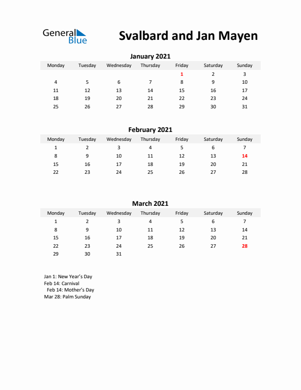 Printable Quarterly Calendar with Notes and Svalbard and Jan Mayen Holidays- Q1 of 2021