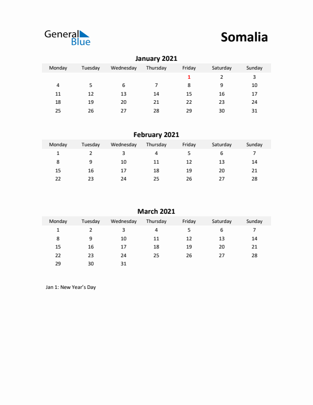 Printable Quarterly Calendar with Notes and Somalia Holidays- Q1 of 2021