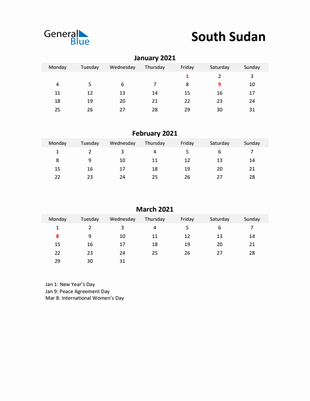 Printable Quarterly Calendar with Notes and South Sudan Holidays- Q1 of 2021