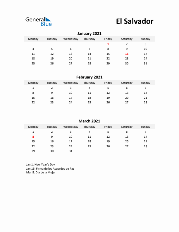 Printable Quarterly Calendar with Notes and El Salvador Holidays- Q1 of 2021