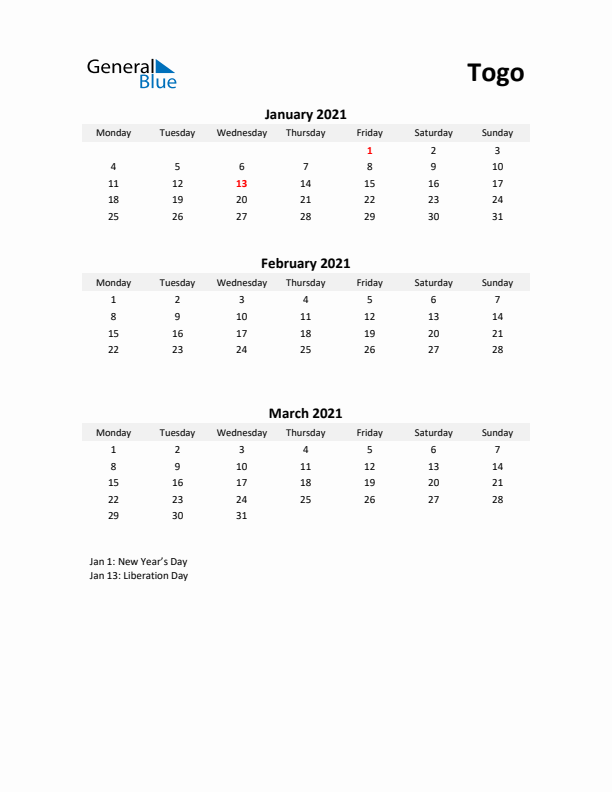 Printable Quarterly Calendar with Notes and Togo Holidays- Q1 of 2021