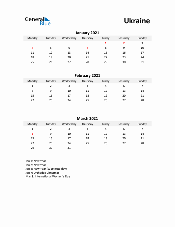 Printable Quarterly Calendar with Notes and Ukraine Holidays- Q1 of 2021