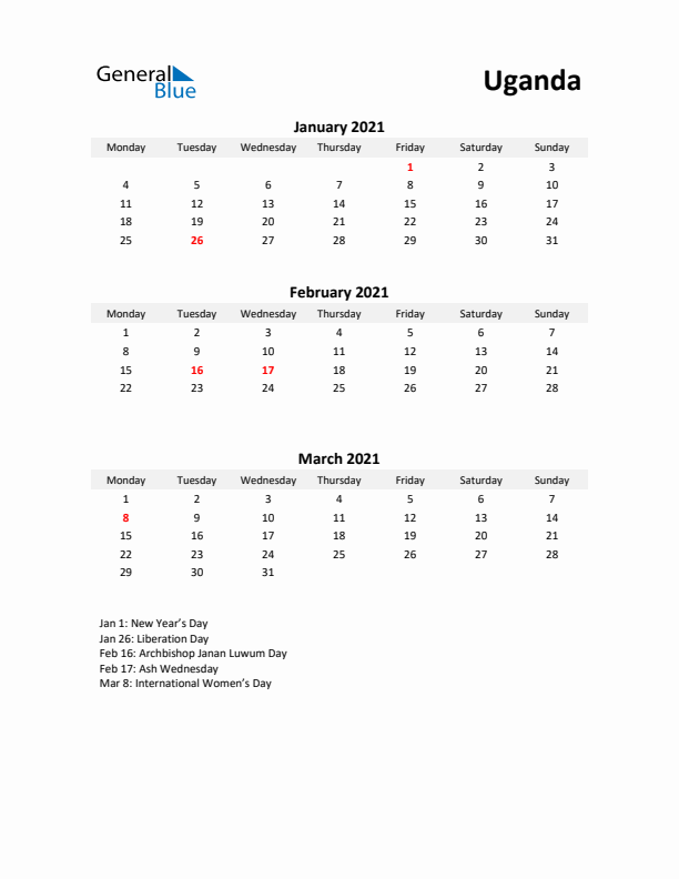 Printable Quarterly Calendar with Notes and Uganda Holidays- Q1 of 2021