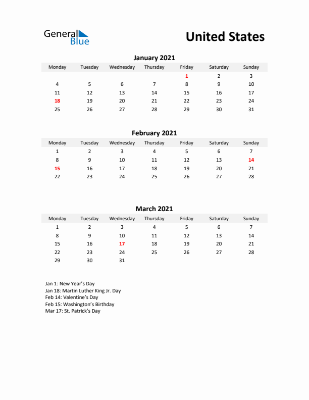 Printable Quarterly Calendar with Notes and United States Holidays- Q1 of 2021