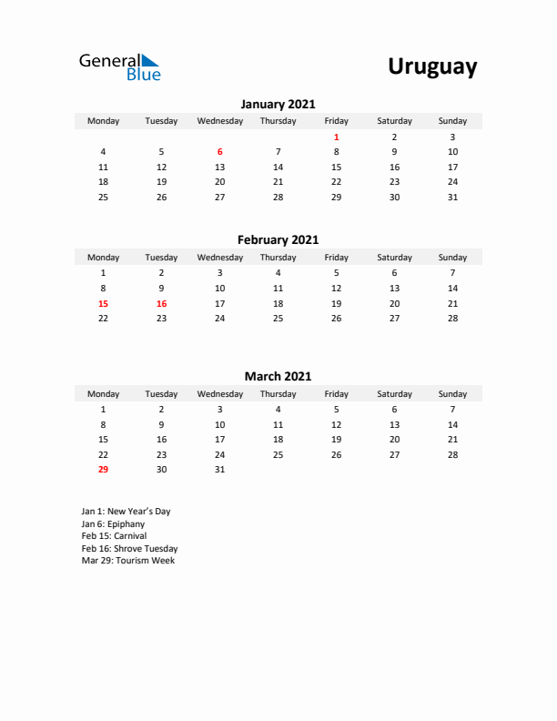 Printable Quarterly Calendar with Notes and Uruguay Holidays- Q1 of 2021