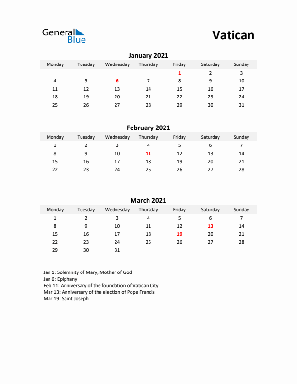 Printable Quarterly Calendar with Notes and Vatican Holidays- Q1 of 2021