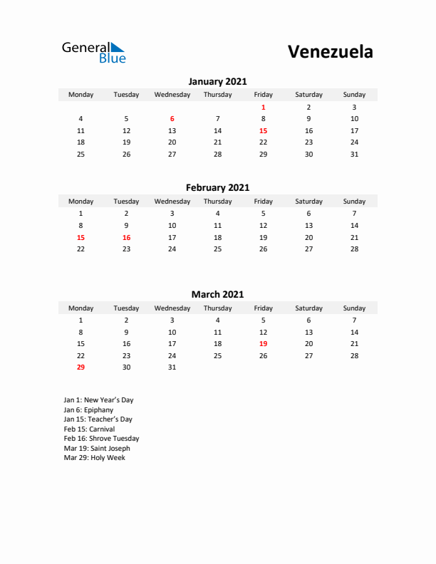 Printable Quarterly Calendar with Notes and Venezuela Holidays- Q1 of 2021