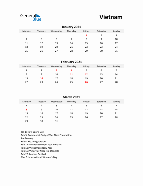 Printable Quarterly Calendar with Notes and Vietnam Holidays- Q1 of 2021