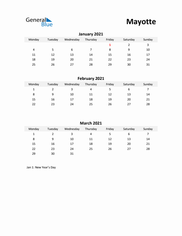 Printable Quarterly Calendar with Notes and Mayotte Holidays- Q1 of 2021