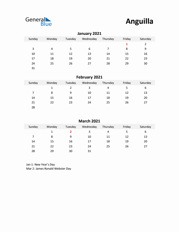 Printable Quarterly Calendar with Notes and Anguilla Holidays- Q1 of 2021