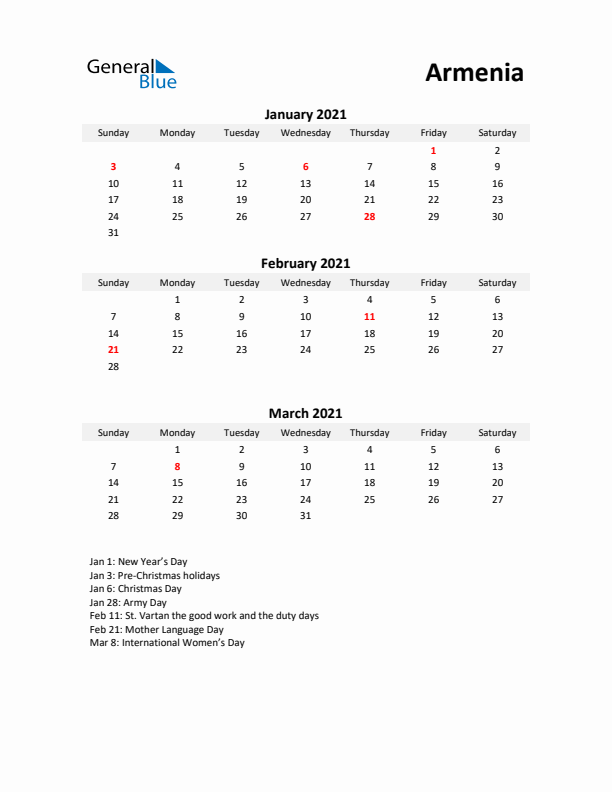 Printable Quarterly Calendar with Notes and Armenia Holidays- Q1 of 2021