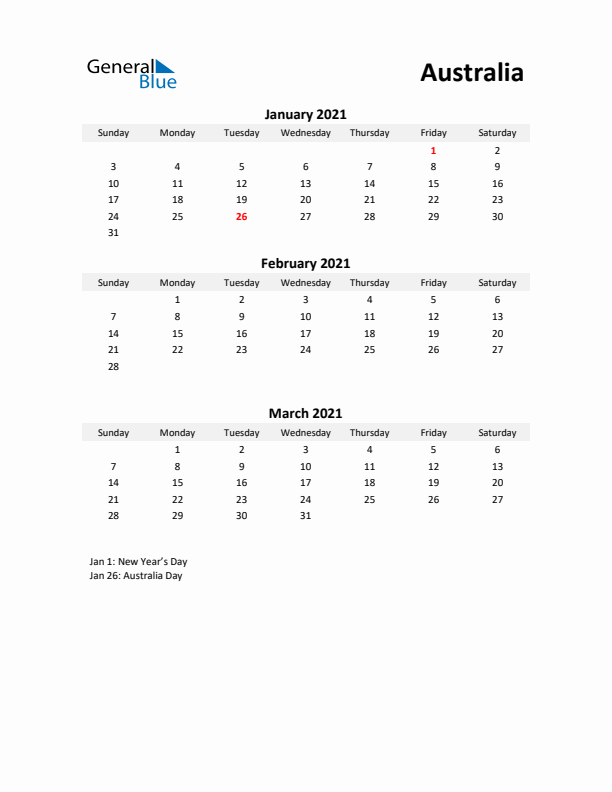 Printable Quarterly Calendar with Notes and Australia Holidays- Q1 of 2021