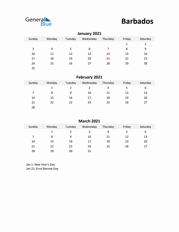 Printable Quarterly Calendar with Notes and Barbados Holidays- Q1 of 2021