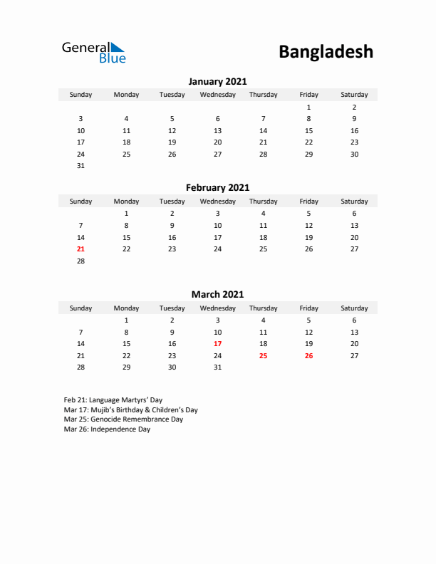 Printable Quarterly Calendar with Notes and Bangladesh Holidays- Q1 of 2021