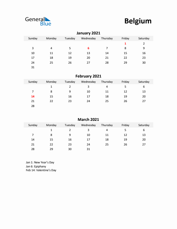Printable Quarterly Calendar with Notes and Belgium Holidays- Q1 of 2021