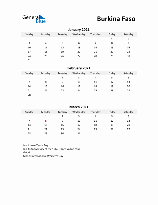 Printable Quarterly Calendar with Notes and Burkina Faso Holidays- Q1 of 2021