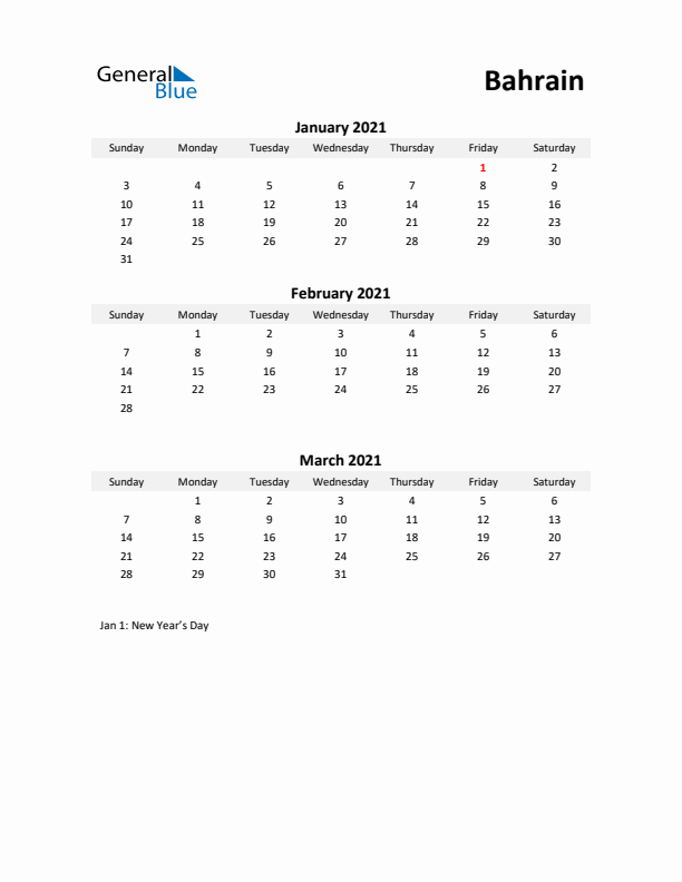 Printable Quarterly Calendar with Notes and Bahrain Holidays- Q1 of 2021