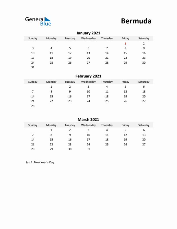 Printable Quarterly Calendar with Notes and Bermuda Holidays- Q1 of 2021