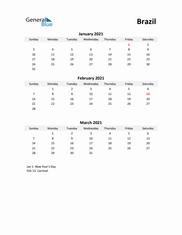 Printable Quarterly Calendar with Notes and Brazil Holidays- Q1 of 2021