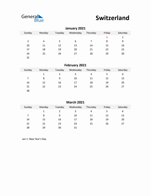 Printable Quarterly Calendar with Notes and Switzerland Holidays- Q1 of 2021