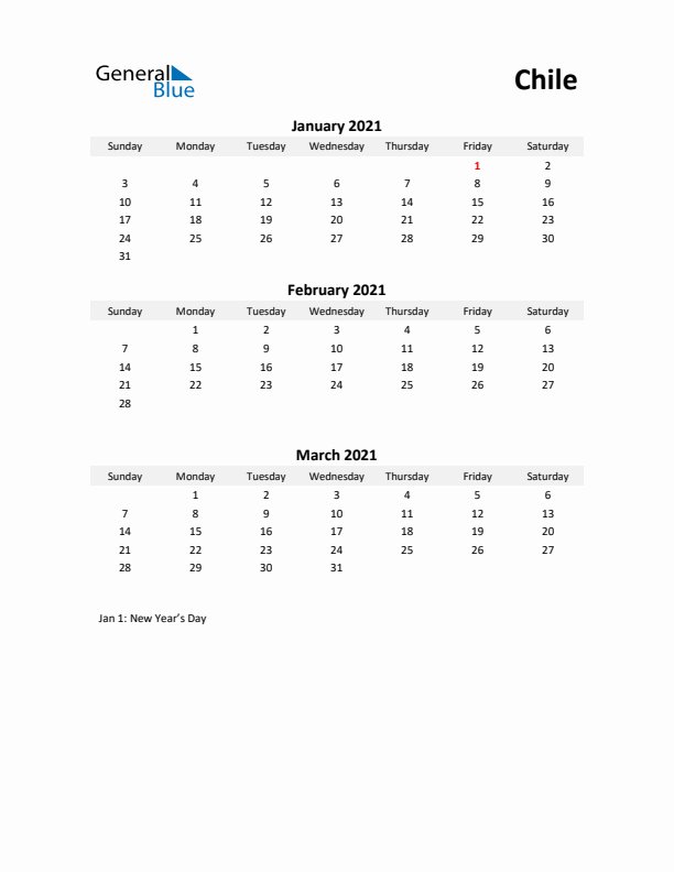 Printable Quarterly Calendar with Notes and Chile Holidays- Q1 of 2021