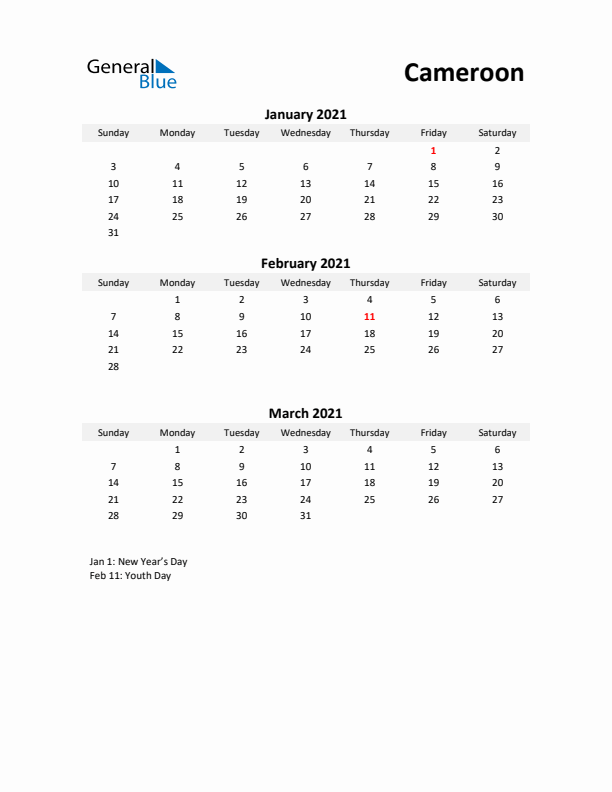 Printable Quarterly Calendar with Notes and Cameroon Holidays- Q1 of 2021