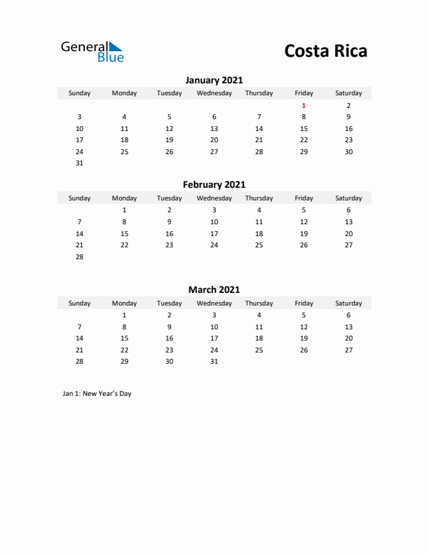 Printable Quarterly Calendar with Notes and Costa Rica Holidays- Q1 of 2021