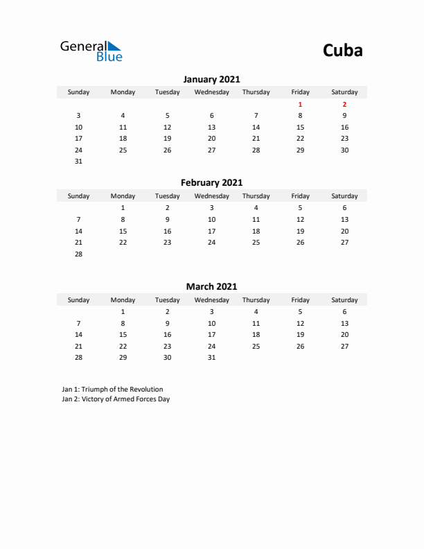 Printable Quarterly Calendar with Notes and Cuba Holidays- Q1 of 2021