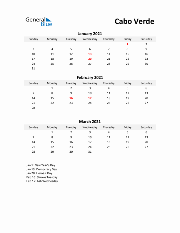 Printable Quarterly Calendar with Notes and Cabo Verde Holidays- Q1 of 2021