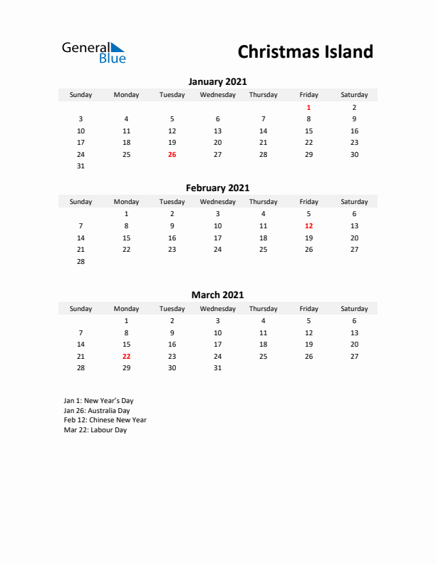 Printable Quarterly Calendar with Notes and Christmas Island Holidays- Q1 of 2021