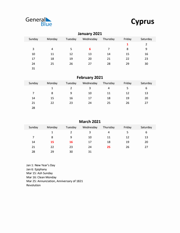 Printable Quarterly Calendar with Notes and Cyprus Holidays- Q1 of 2021