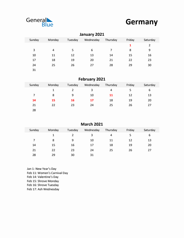 Printable Quarterly Calendar with Notes and Germany Holidays- Q1 of 2021