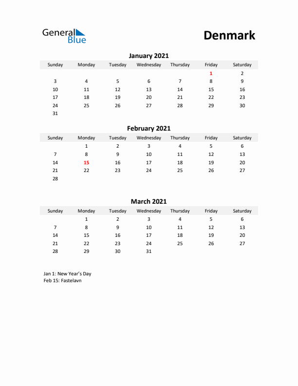 Printable Quarterly Calendar with Notes and Denmark Holidays- Q1 of 2021