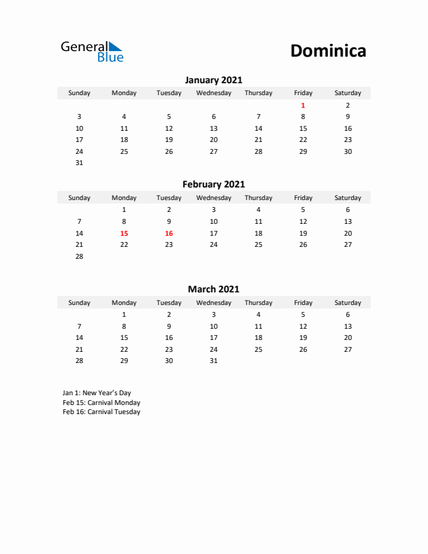 Printable Quarterly Calendar with Notes and Dominica Holidays- Q1 of 2021