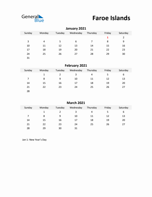 Printable Quarterly Calendar with Notes and Faroe Islands Holidays- Q1 of 2021