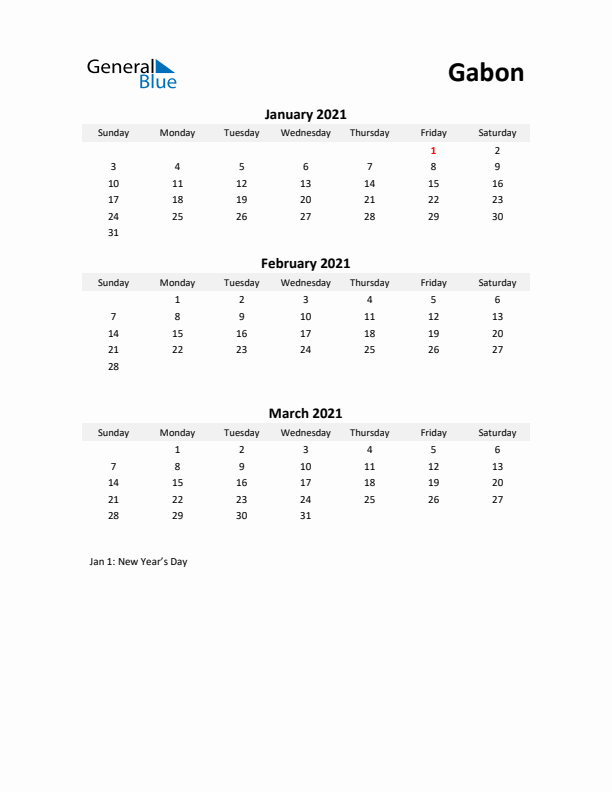 Printable Quarterly Calendar with Notes and Gabon Holidays- Q1 of 2021