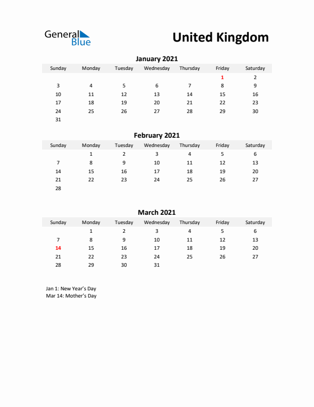 Printable Quarterly Calendar with Notes and United Kingdom Holidays- Q1 of 2021