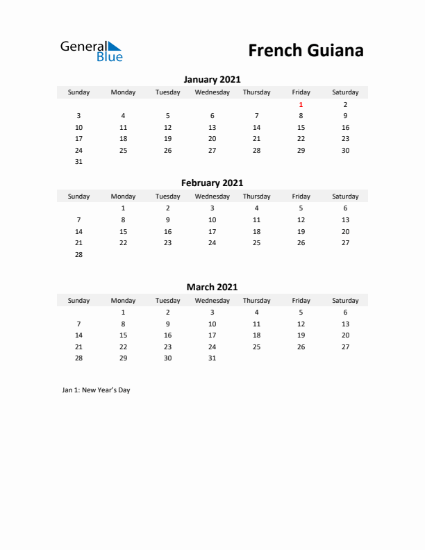 Printable Quarterly Calendar with Notes and French Guiana Holidays- Q1 of 2021