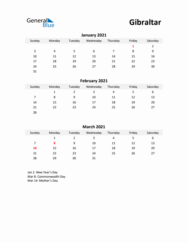 Printable Quarterly Calendar with Notes and Gibraltar Holidays- Q1 of 2021