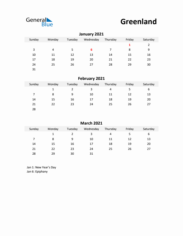 Printable Quarterly Calendar with Notes and Greenland Holidays- Q1 of 2021