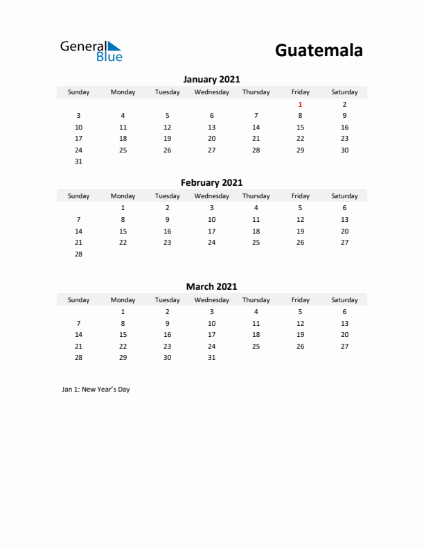 Printable Quarterly Calendar with Notes and Guatemala Holidays- Q1 of 2021