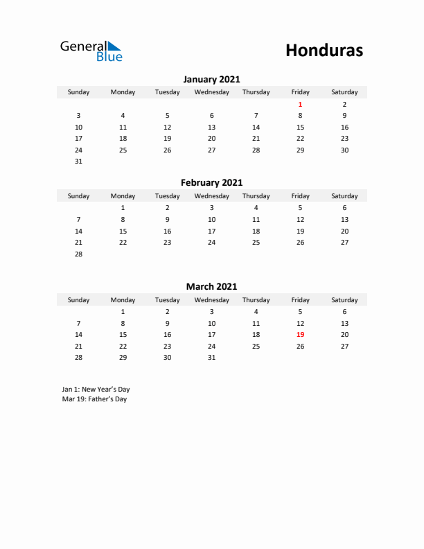 Printable Quarterly Calendar with Notes and Honduras Holidays- Q1 of 2021