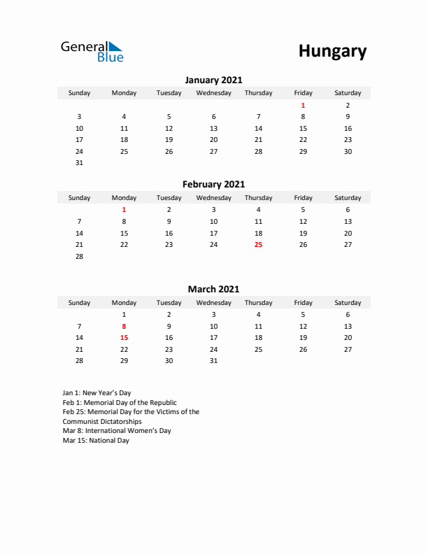 Printable Quarterly Calendar with Notes and Hungary Holidays- Q1 of 2021