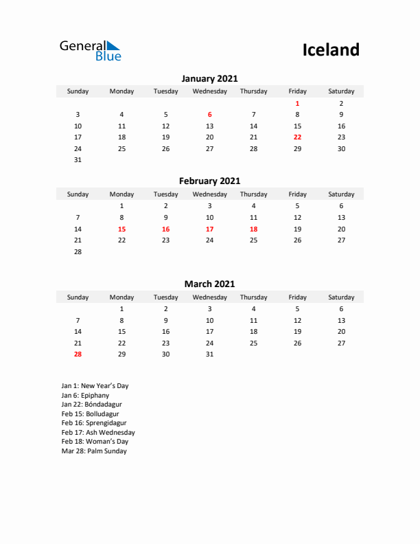 Printable Quarterly Calendar with Notes and Iceland Holidays- Q1 of 2021