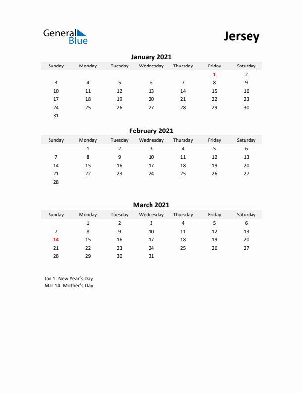 Printable Quarterly Calendar with Notes and Jersey Holidays- Q1 of 2021