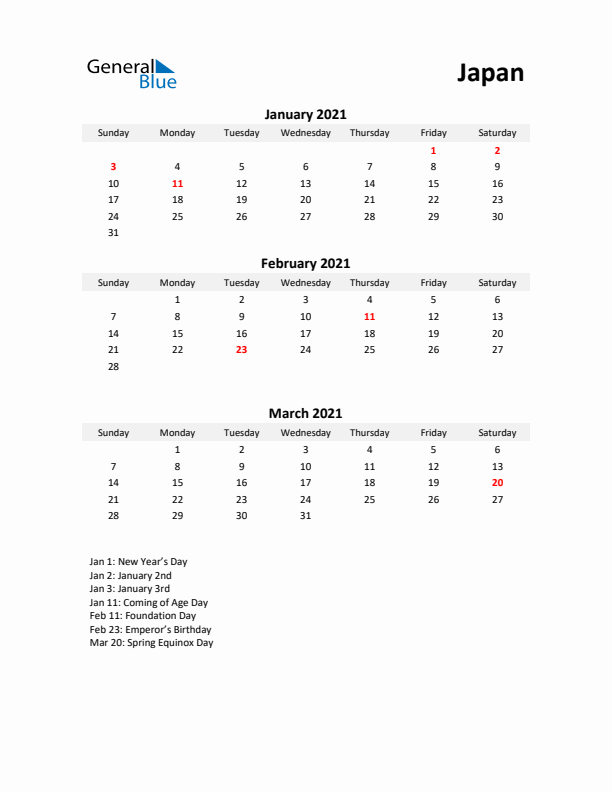 Printable Quarterly Calendar with Notes and Japan Holidays- Q1 of 2021