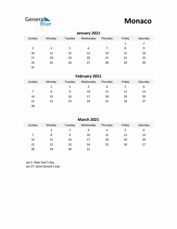 Printable Quarterly Calendar with Notes and Monaco Holidays- Q1 of 2021