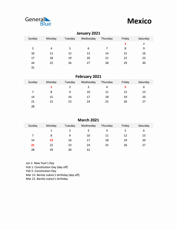 Printable Quarterly Calendar with Notes and Mexico Holidays- Q1 of 2021